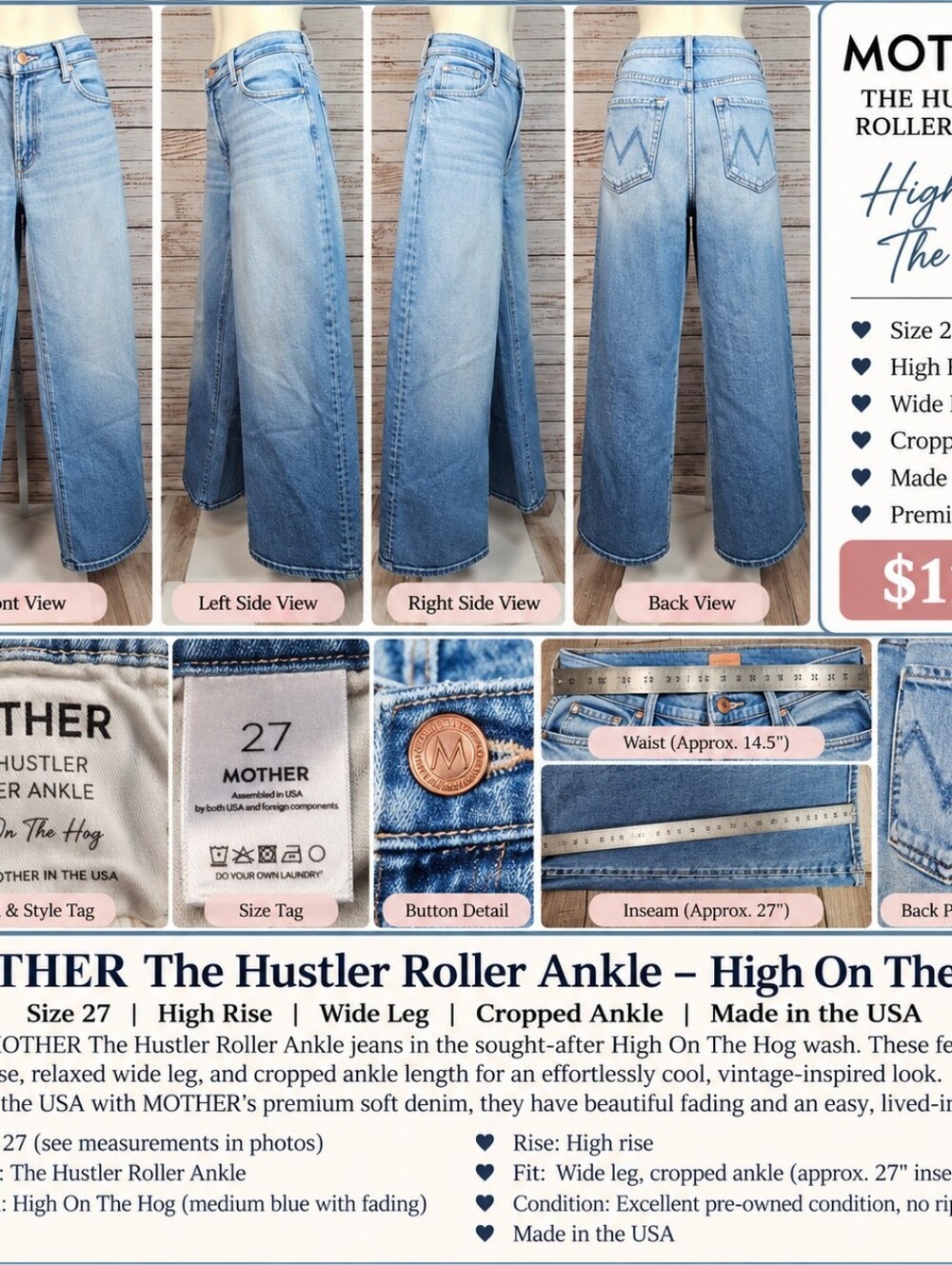 MOTHER The Hustler Roller Ankle High Rise Wide Leg Jeans 27 High On The Hog